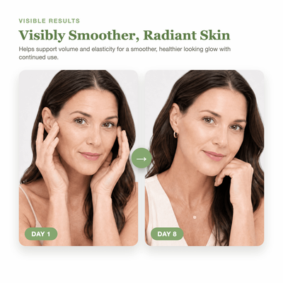 Day 1 to Day 8 showing visibly smoother, more radiant looking skin with the Olivine Beauty PDRN Green Collagen Volume Multi Balm
