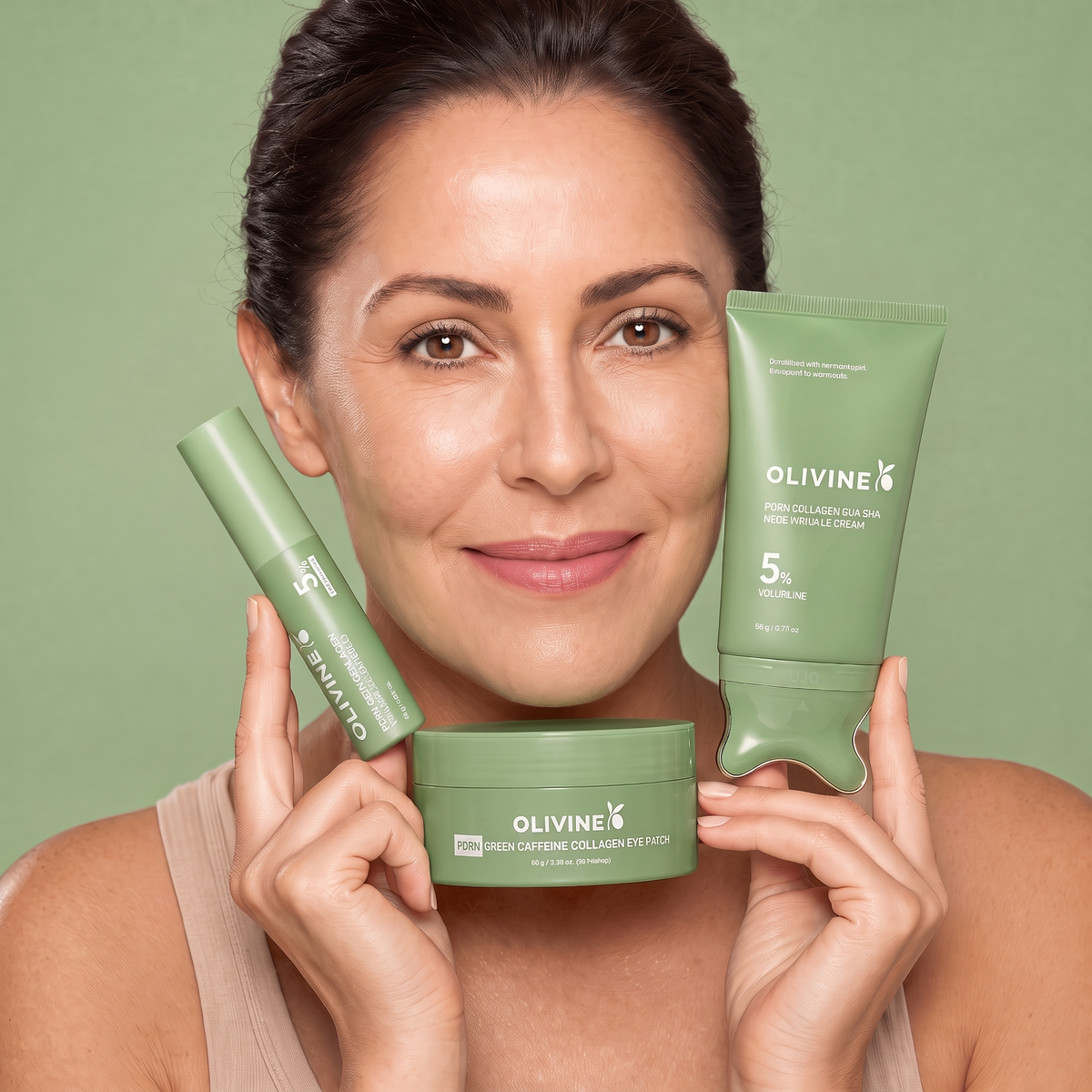Woman holding the Olivine PDRN pink skincare line — Pink Stick, collagen eye patch and Gua Sha neck cream