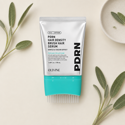 PDRN Hair Density Brush Serum laid flat beside fresh green sprigs