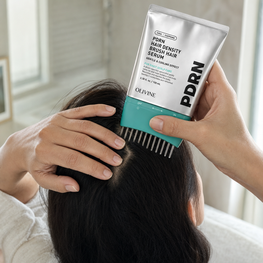 Woman drawing the PDRN Hair Density Brush Serum along her part