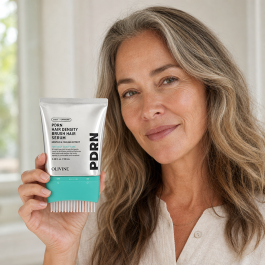 Woman holding the PDRN Hair Density Brush Serum, hair looking fuller