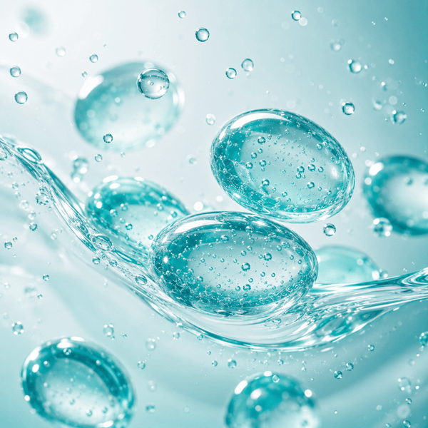 Translucent aqua gel capsules suspended in crystal-clear liquid textures with radiant hydration glow.