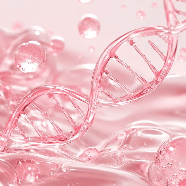 Premium PDRN ingredient visualization with glowing pink hydrogel essence by Olivine Beauty.