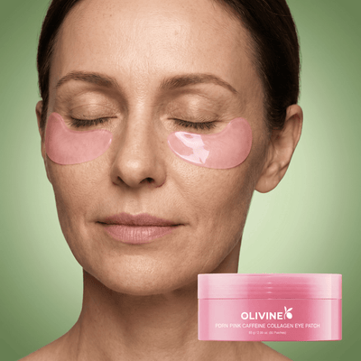 Woman relaxing with Olivine Beauty PDRN Pink Caffeine Collagen Eye Patches on under both eyes