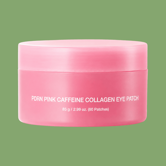 Front view of Olivine Beauty PDRN Pink Caffeine Collagen Eye Patch in a frosted pink jar with 60 hydrogel patches.