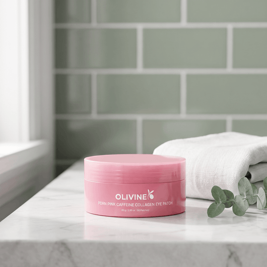 Olivine Beauty PDRN Pink Caffeine Collagen Eye Patch jar on a marble bathroom vanity