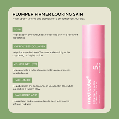 PDRN Pink Collagen Volume Multi Balm featuring PDRN, Hydrolyzed Collagen, Volufiline, Niacinamide, and Hyaluronic Acid.
