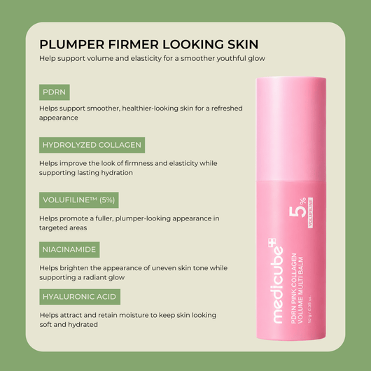 PDRN Pink Collagen Volume Multi Balm featuring PDRN, Hydrolyzed Collagen, Volufiline, Niacinamide, and Hyaluronic Acid.