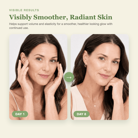 Day 1 to Day 8 showing visibly smoother, more radiant looking skin with the Olivine Beauty PDRN Pink Collagen Volume Multi Balm