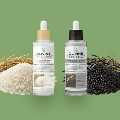 Olivine Beauty Peel Shot duo white rice and black rice exfoliating ampoule bottles