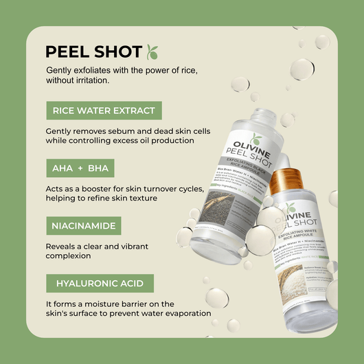Olivine Beauty Peel Shot exfoliating ampoule ingredients including rice extract AHA BHA niacinamide and hyaluronic acid