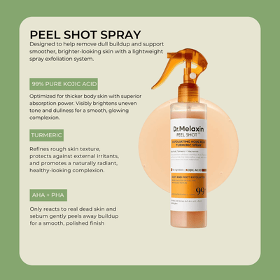 Olivine Beauty Peel Shot Spray featuring key ingredients including kojic acid, turmeric, and AHA PHA exfoliating acids for smoother-looking skin.