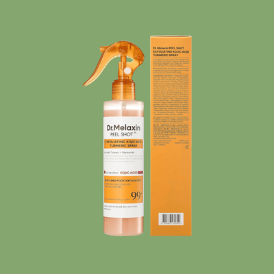 Olivine Beauty Peel Shot Spray bottle with kojic acid and turmeric for body exfoliation and smoother-looking skin.