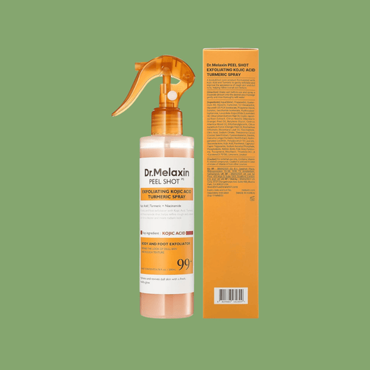 Olivine Beauty Peel Shot Spray bottle with kojic acid and turmeric for body exfoliation and smoother-looking skin.