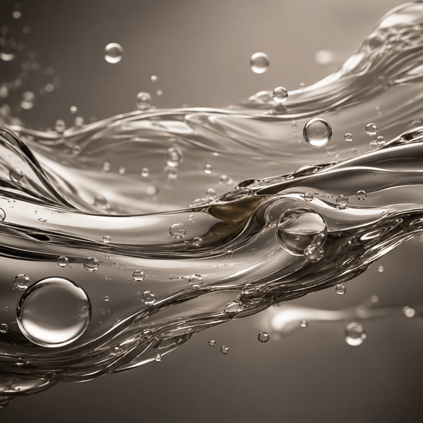 Smooth glossy peptide liquid layers with lightweight flowing textures representing stronger-looking hair and scalp support.
