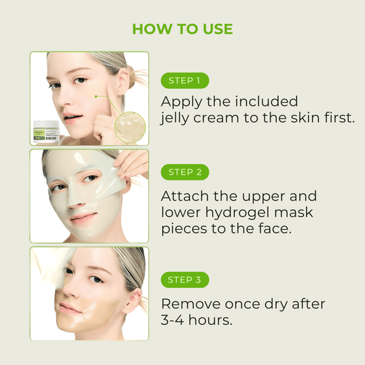 Olivine Beauty Pore Tox Gel Mask how to use guide showing step by step application of jelly cream booster and hydrogel face mask