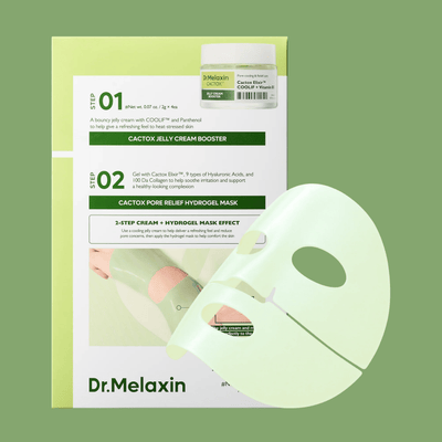 Olivine Beauty Pore Tox Gel Mask hydrogel face mask with Dr Melaxin Cactox pore relief mask showing cooling hydrogel sheet mask and skincare packaging