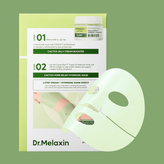 Olivine Beauty Pore Tox Gel Mask hydrogel face mask with Dr Melaxin Cactox pore relief mask showing cooling hydrogel sheet mask and skincare packaging