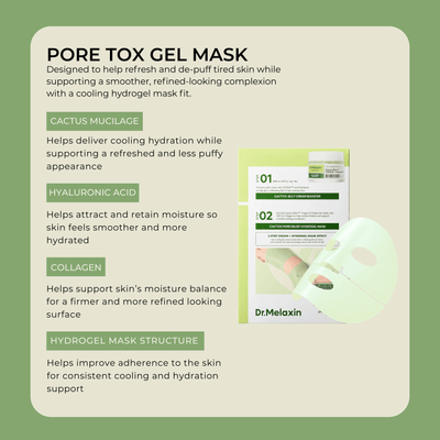 Olivine Beauty Pore Tox Gel Mask ingredients including cactus mucilage hyaluronic acid collagen and hydrogel mask structure for cooling hydration and pore care