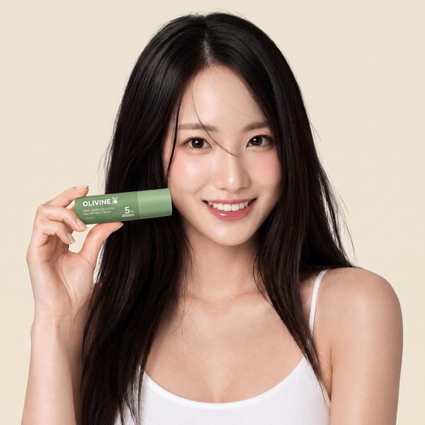 Woman holding the Olivine PDRN Green Collagen Volume Multi Balm stick, portable glow on the go