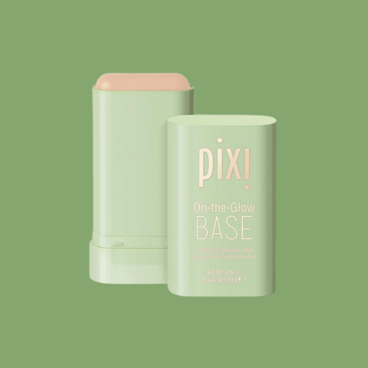 Pixi On-the-Glow BASE moisture stick product showcase on sage green background