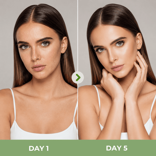Before and after comparison showing smoother brighter-looking radiant skin after five days.