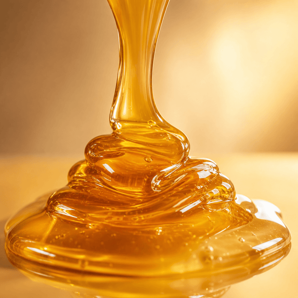 Golden raw honey flowing smoothly to represent hydration and moisture retention for healthy looking skin