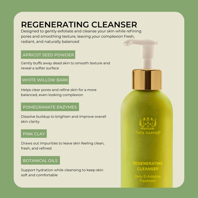 Key ingredients of regenerating cleanser including apricot seed powder and enzymes