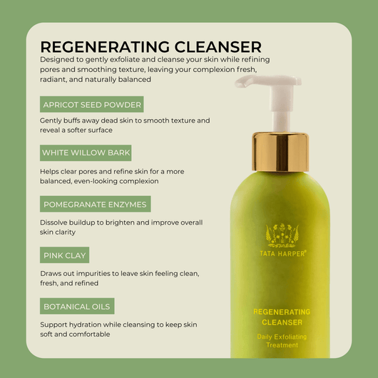 Key ingredients of regenerating cleanser including apricot seed powder and enzymes