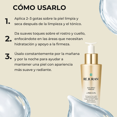 Olivine Beauty REJURAN Dual Effect Ampoule guía de aplicación para hidratación y soporte de elasticidad