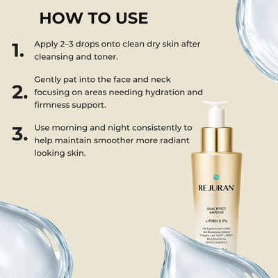 Olivine Beauty REJURAN Dual Effect Ampoule application guide for hydration and elasticity support