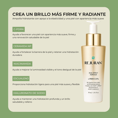 Olivine Beauty REJURAN Dual Effect Ampoule con ingredientes clave para hidratación brillo y soporte de la barrera cutánea
