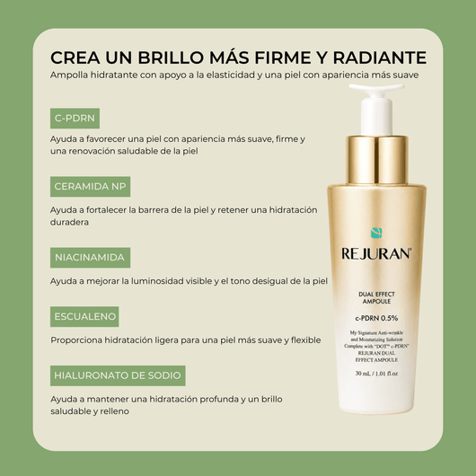 Olivine Beauty REJURAN Dual Effect Ampoule con ingredientes clave para hidratación brillo y soporte de la barrera cutánea