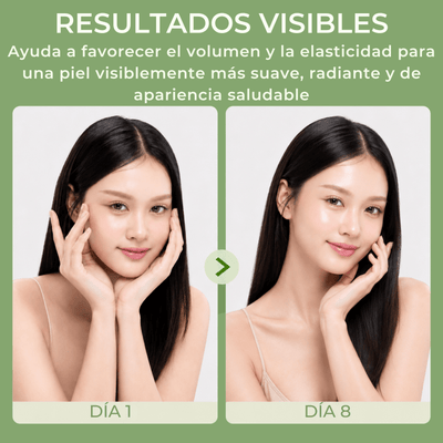 Comparación entre el Día 1 y el Día 8 mostrando una piel con apariencia más suave, luminosa y saludable.