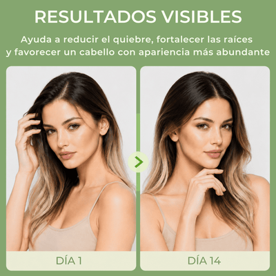 Olivine Beauty comparación de resultados visibles antes y después del sérum capilar Dr. Groot