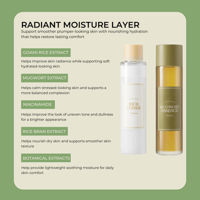 Key ingredients overview featuring rice toner and mugwort essence skincare duo