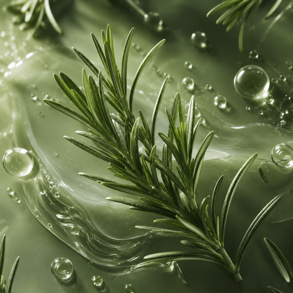 Fresh rosemary extract ingredient visualization representing scalp care and fuller-looking hair support by olivine beauty.