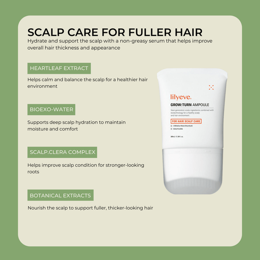 Hair serum ingredients including heartleaf extract and scalp conditioning complex for fuller hair
