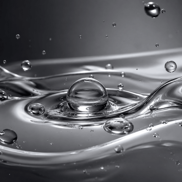 Lightweight serum droplets suspended in transparent fluid layers representing balanced scalp care and healthier-looking hair support.