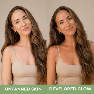 Self tanning lotion results showing natural tan glow and even skin tone