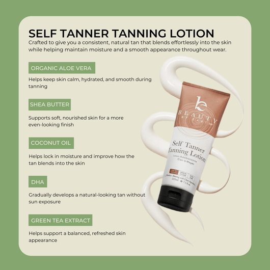 Self tanning lotion with aloe vera shea butter coconut oil and DHA ingredients