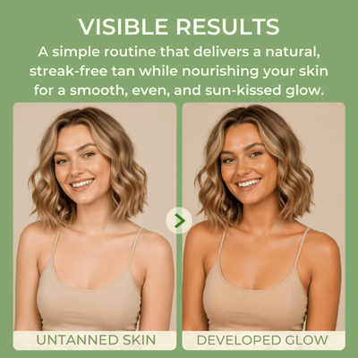 Sunless tanning lotion showing natural glow and even skin tone after use