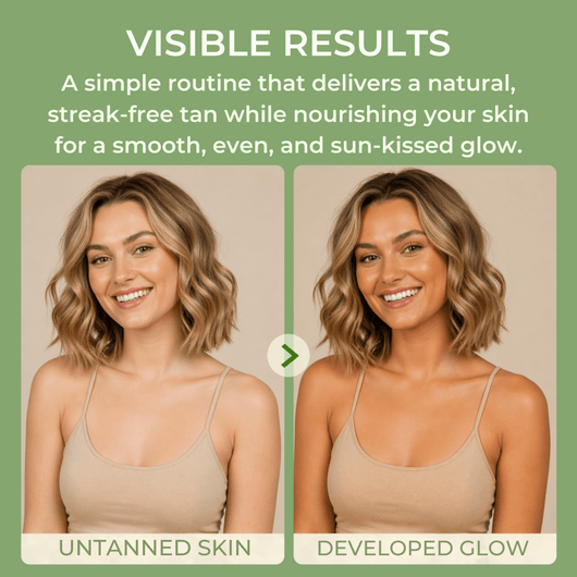 Sunless tanning lotion showing natural glow and even skin tone after use