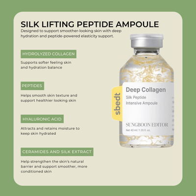 Key ingredients in Olivine Beauty Silk Lifting Peptide Ampoule including hydrolyzed collagen peptides hyaluronic acid and ceramides