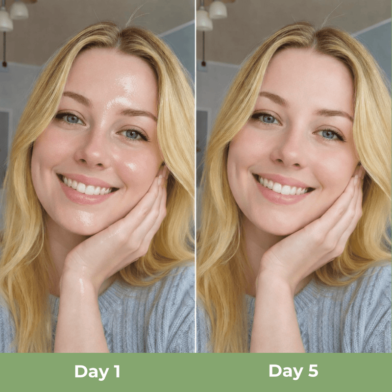 Oily skin transforming to smooth balanced hydrated skin with lightweight moisturizer