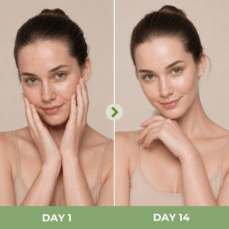 Close-up comparison of skin showing reduced blemishes and smoother appearance over time