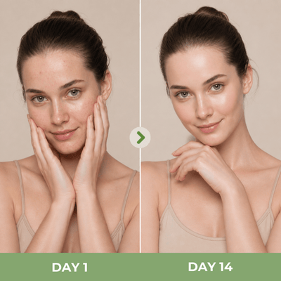 Close-up comparison of skin showing reduced blemishes and smoother appearance over time