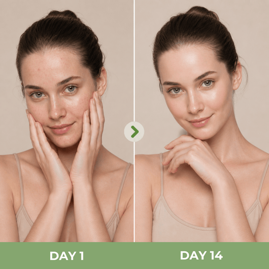 Close-up comparison of skin showing reduced blemishes and smoother appearance over time