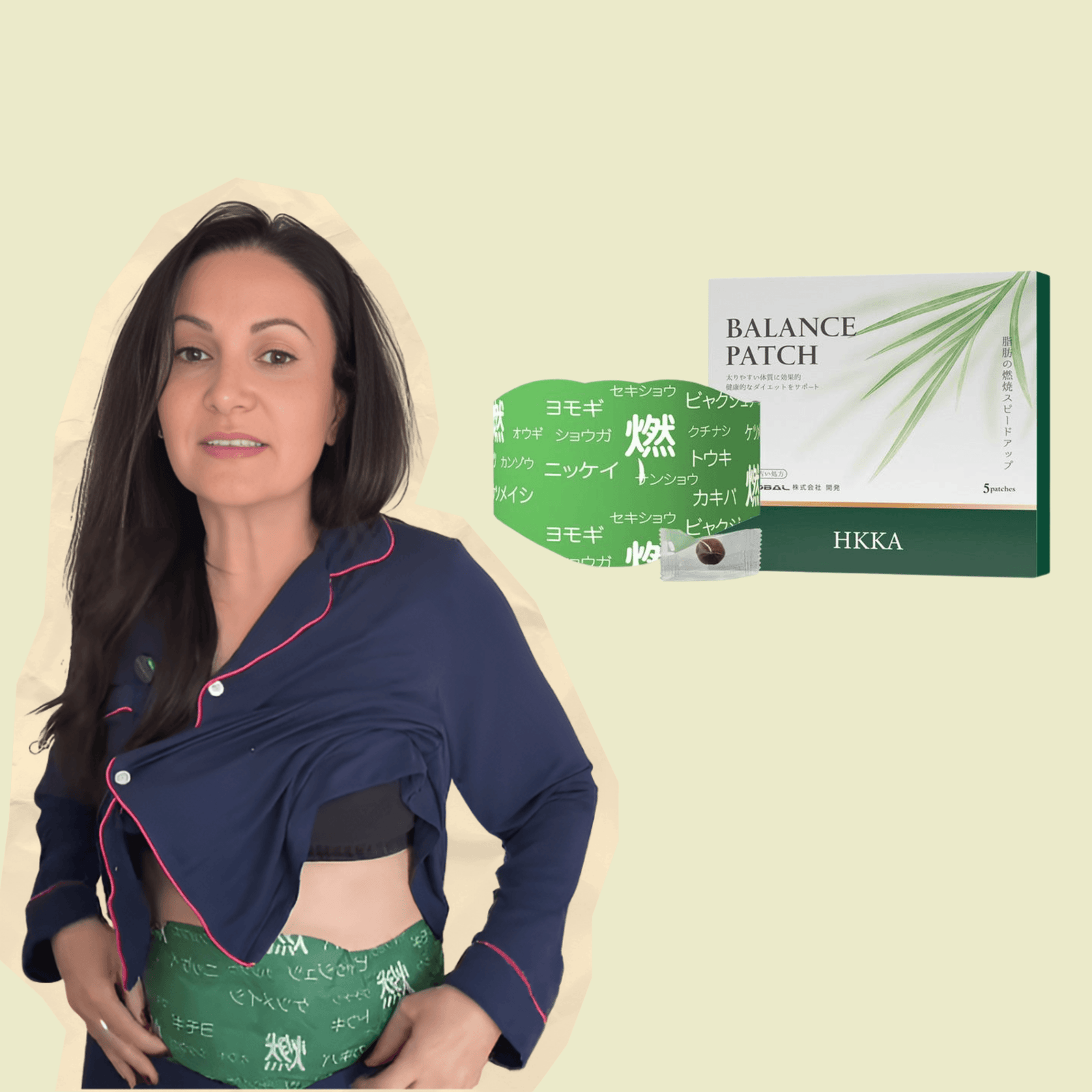 Olivine beauty slimming patch worn on abdomen showing comfortable fit and discreet everyday use
