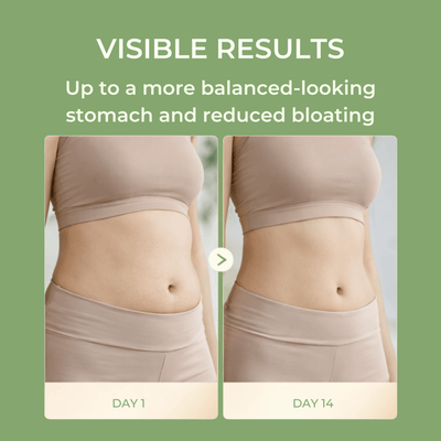 Olivine beauty slimming patch before and after showing reduced bloating and more balanced looking stomach appearance